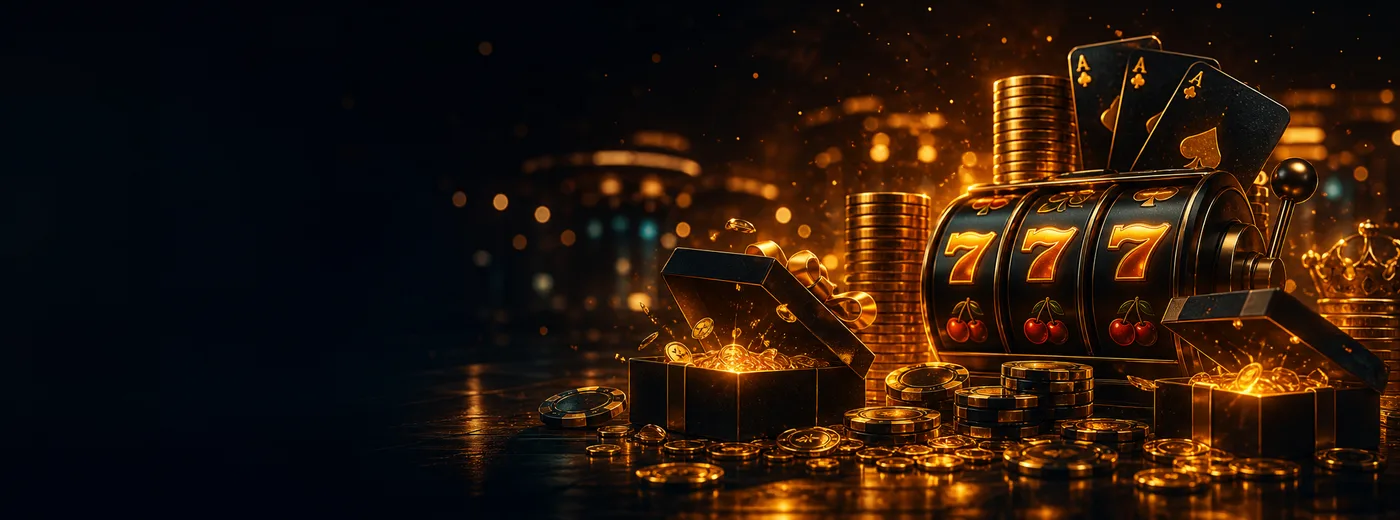 Fichas doradas, tragamonedas y regalos que representan los bonos de Casino en Casa